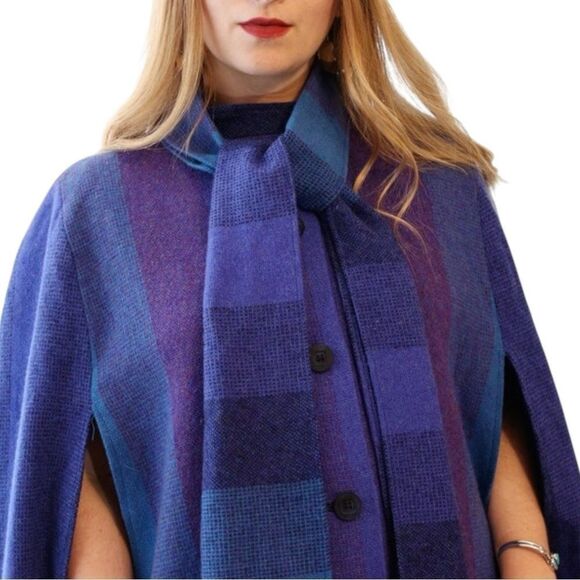 Vintage Avoca Collection Blue Purple Striped 100% Irish Wool Cape Coat Medium - Picture 2 of 11